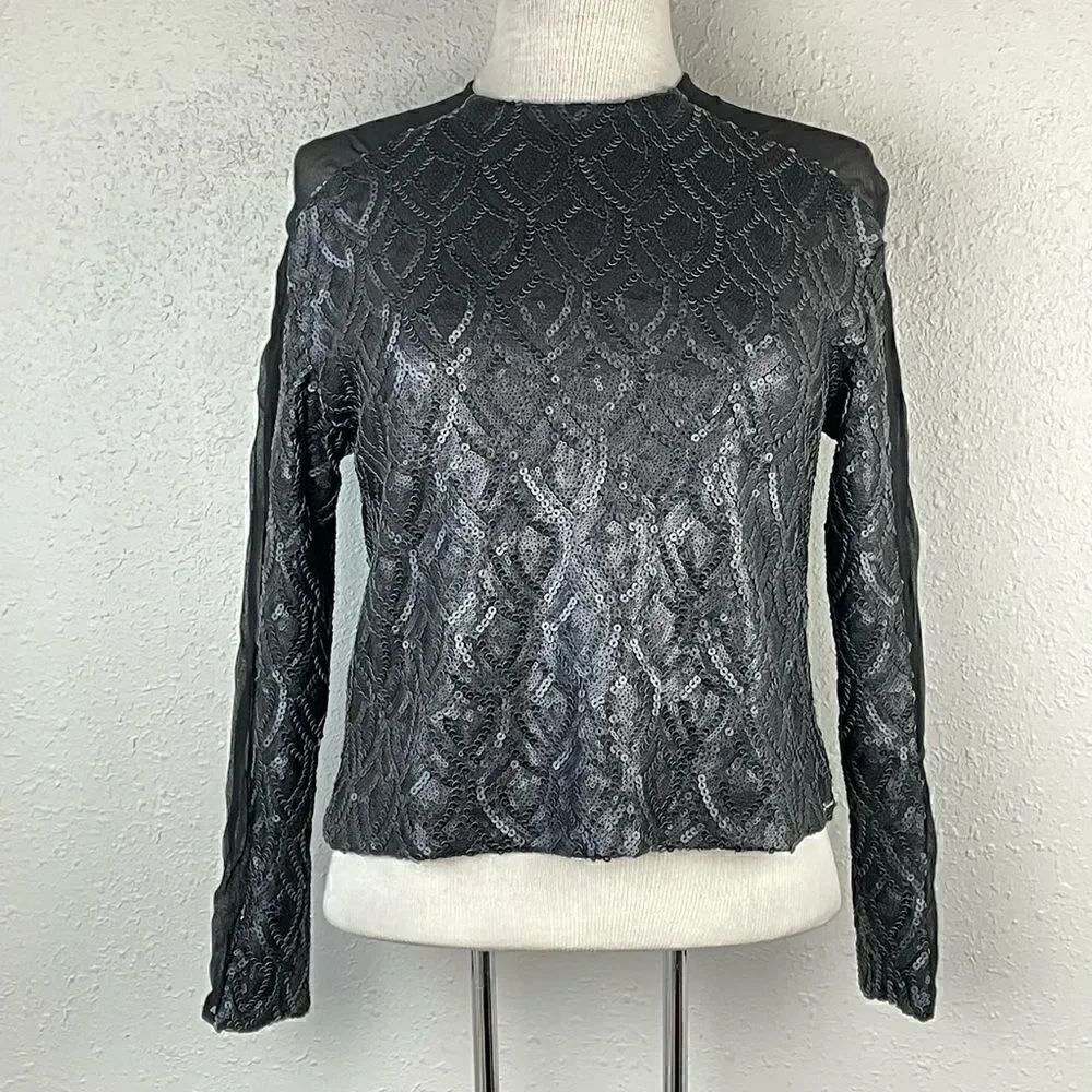 NWT Line & Dot Womens Black Sequins Sheer Long Sleeve Top Size XS